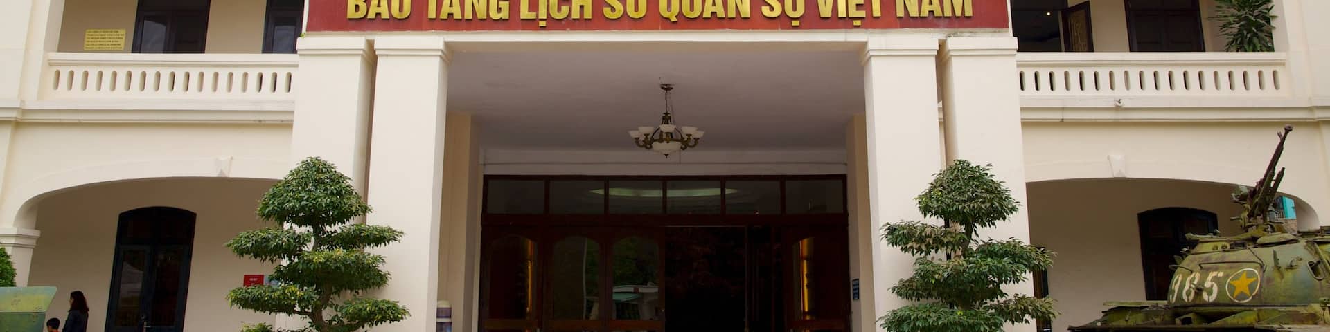 Hanoi War Museum featuring military items and signage