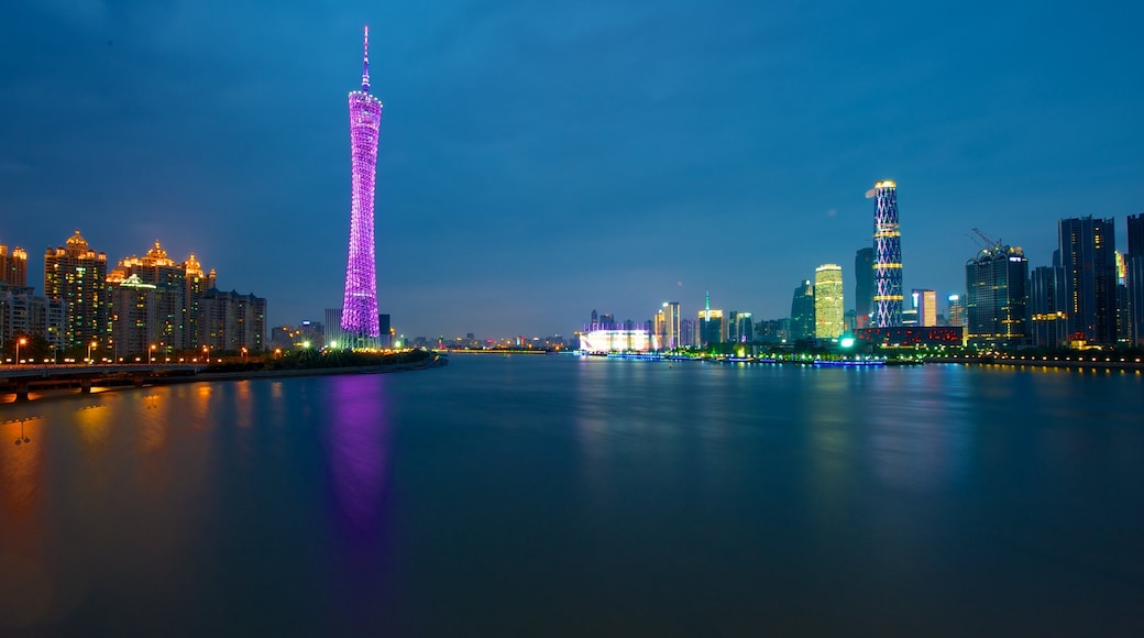 Canton Tower which includes a high-rise building, night scenes and a city