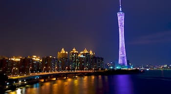 Canton Tower showing night scenes, a high rise building and city views