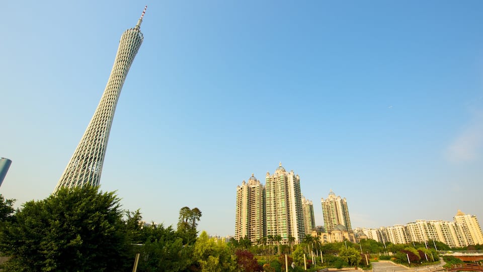 Canton Tower which includes a high-rise building, modern architecture and central business district