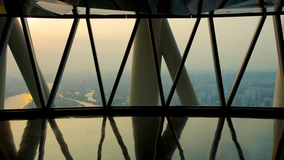 Canton Tower which includes interior views, modern architecture and a high-rise building