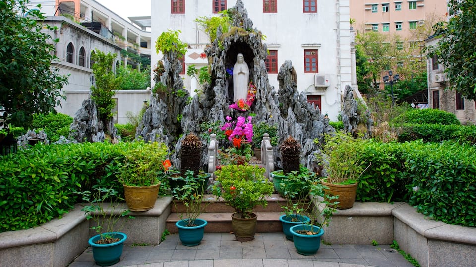 Sacred Heart Cathedral showing a statue or sculpture, a garden and religious aspects