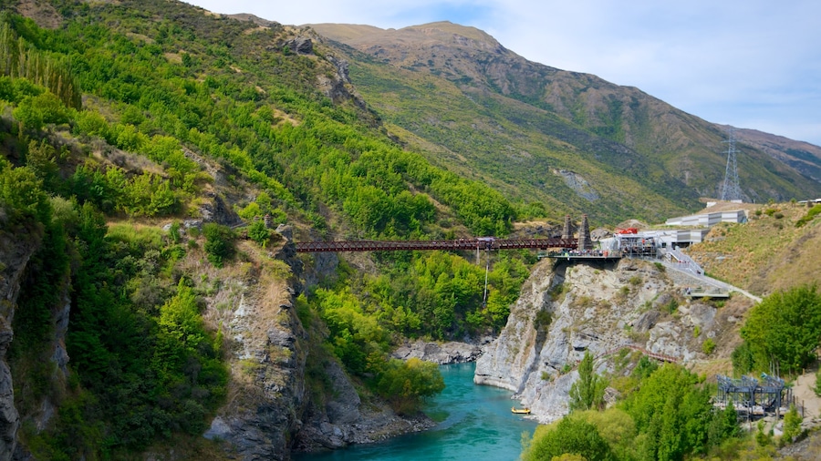 Kawarau Suspension Bridge featuring a bridge, landscape views and a river or creek