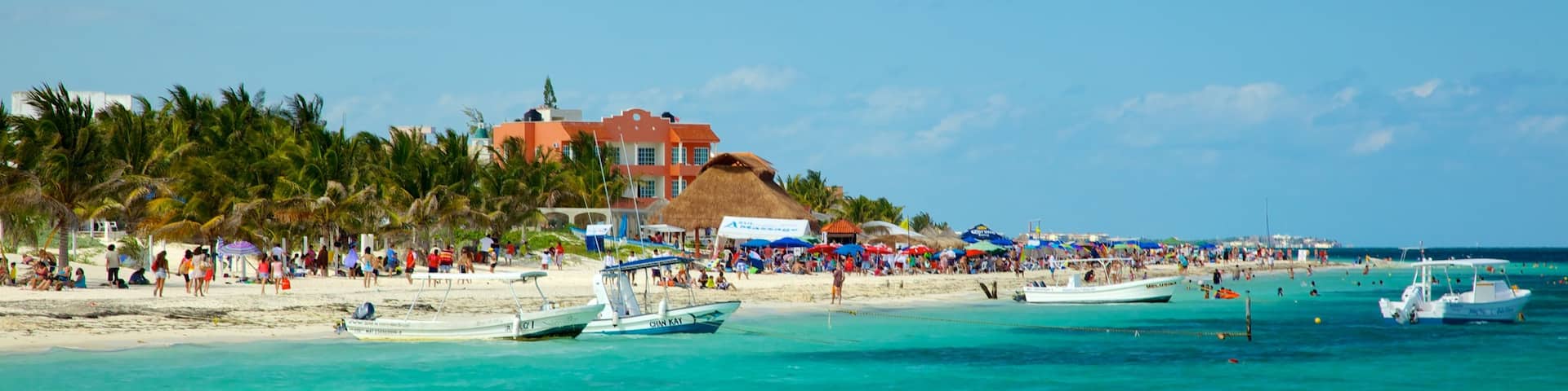 Puerto Morelos featuring a sandy beach, a coastal town and tropical scenes