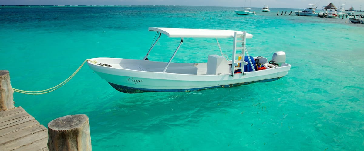 Puerto Morelos que incluye una bahía o un puerto y embarcaciones