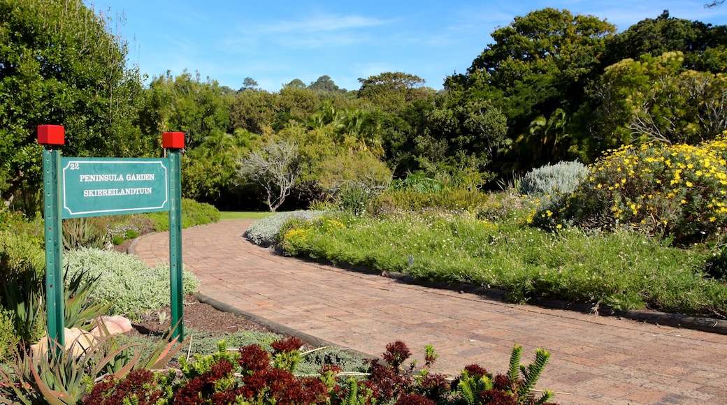 Kirstenbosch National Botanical Gardens which includes signage, landscape views and a park