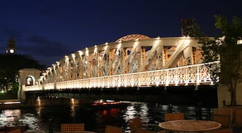 Clarke Quay Mall toont moderne architectuur, een rivier of beek en nachtleven