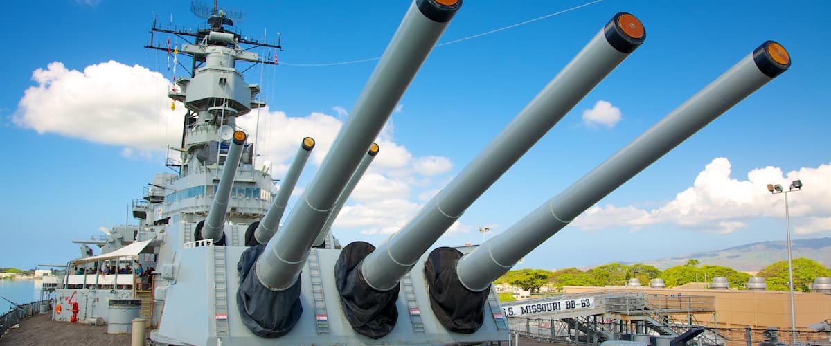USS Missouri Memorial showing a monument and military items