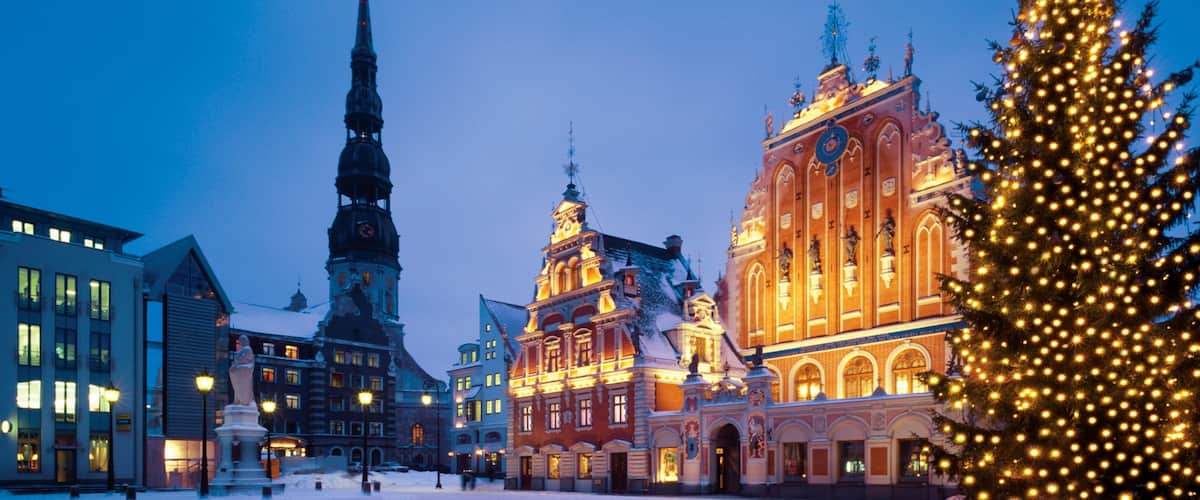 Riga featuring heritage architecture, night scenes and snow