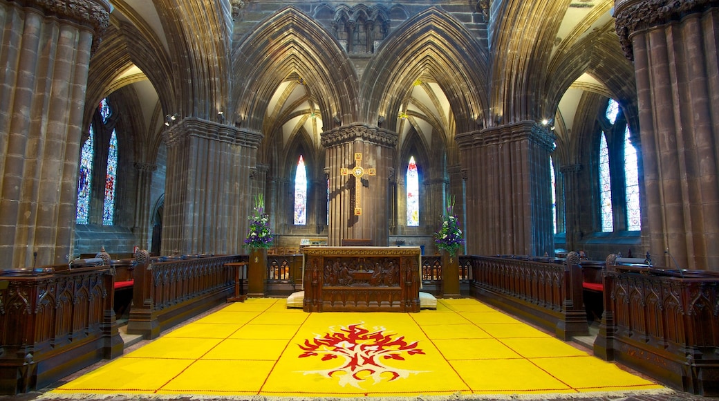 Glasgow Cathedral mostrando vistas interiores, una iglesia o catedral y elementos religiosos