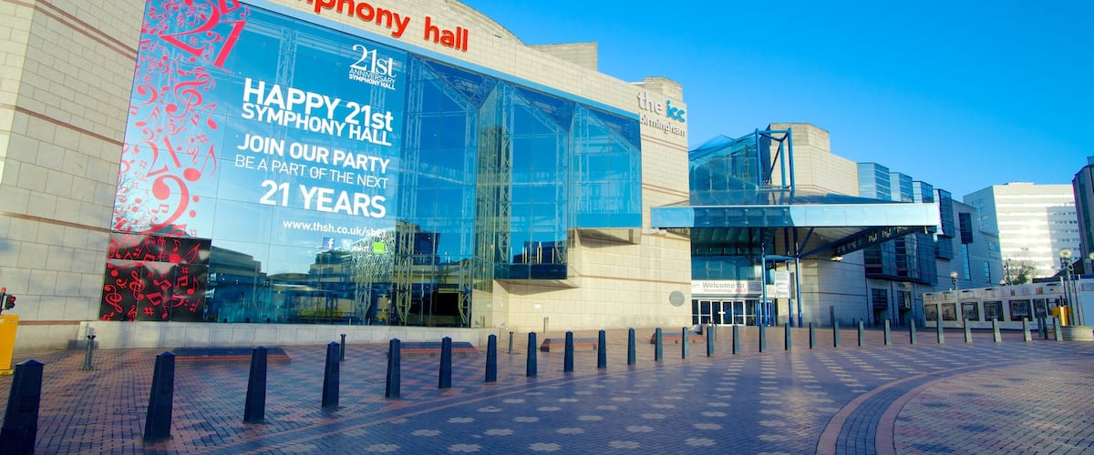 Symphony Hall which includes modern architecture, a city and signage