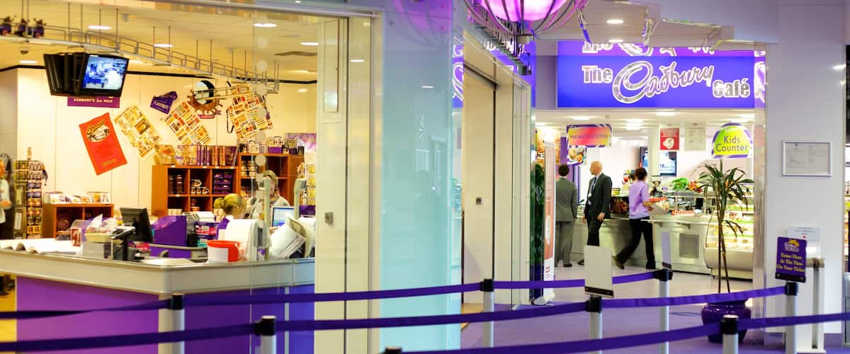 Cadbury World which includes signage, shopping and interior views