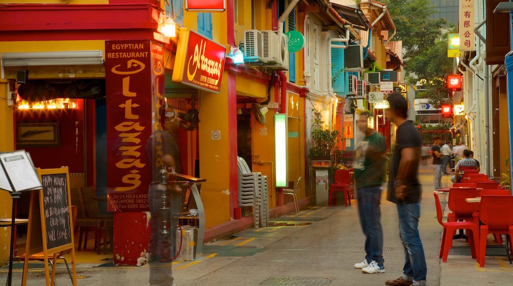 Haji Lane featuring markets, signage and street scenes