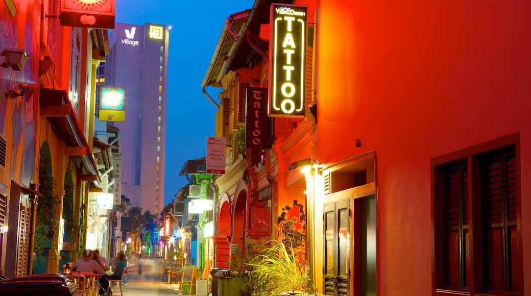 Haji Lane showing a city, night scenes and signage