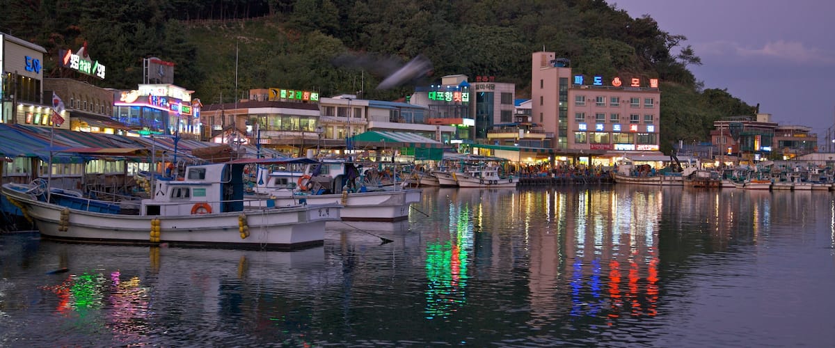 Sokcho que incluye paseos en lancha, una bahía o puerto y una ciudad costera