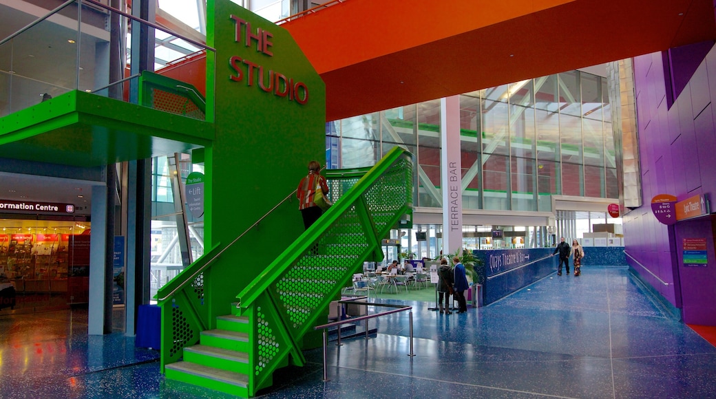 The Lowry Art and Entertainment which includes signage, art and interior views