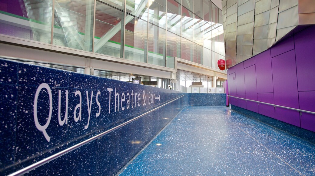The Lowry Art and Entertainment showing theater scenes, modern architecture and interior views