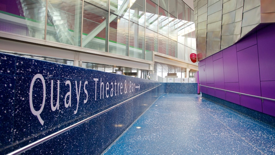 The Lowry Art and Entertainment showing theater scenes, modern architecture and interior views