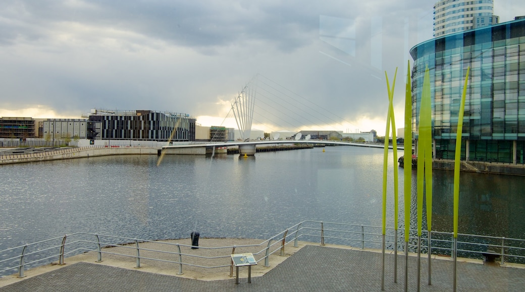 The Lowry Art and Entertainment showing a river or creek, a city and central business district