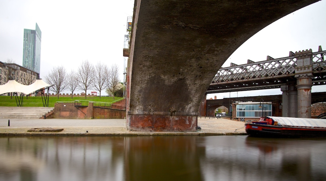 Castlefield Roman Fort featuring a bridge, skyline and a city