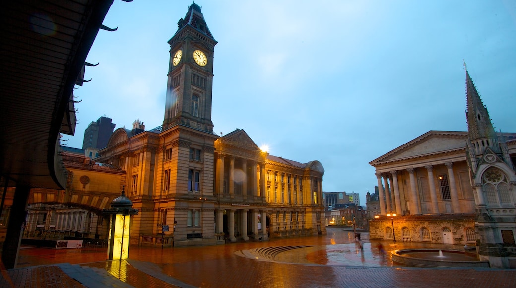 Chamberlain Square featuring heritage architecture, a square or plaza and a sunset