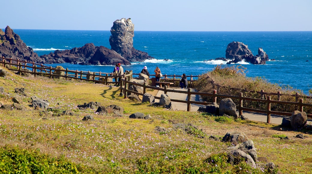 Ilha de Jeju mostrando litoral acidentado, uma cidade litorĂąnea e paisagem