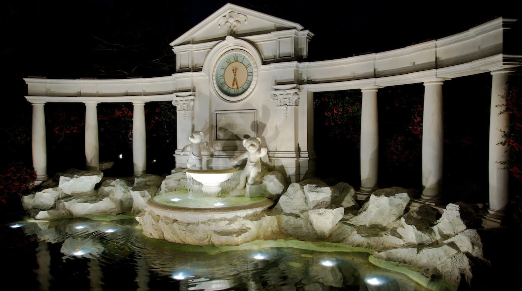 Teddybär-Museum das einen bei Nacht, Springbrunnen und Stadt