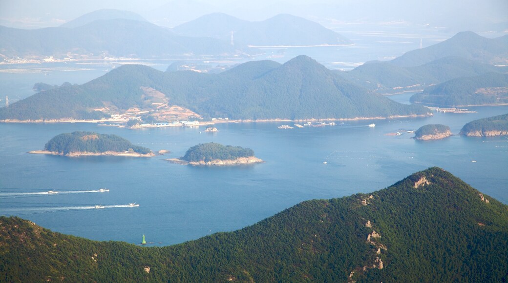 Hallyeo Waterway Observation Cable Car which includes landscape views, boating and mountains