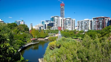 Roma Street Parkland which includes a high rise building, a city and a river or creek
