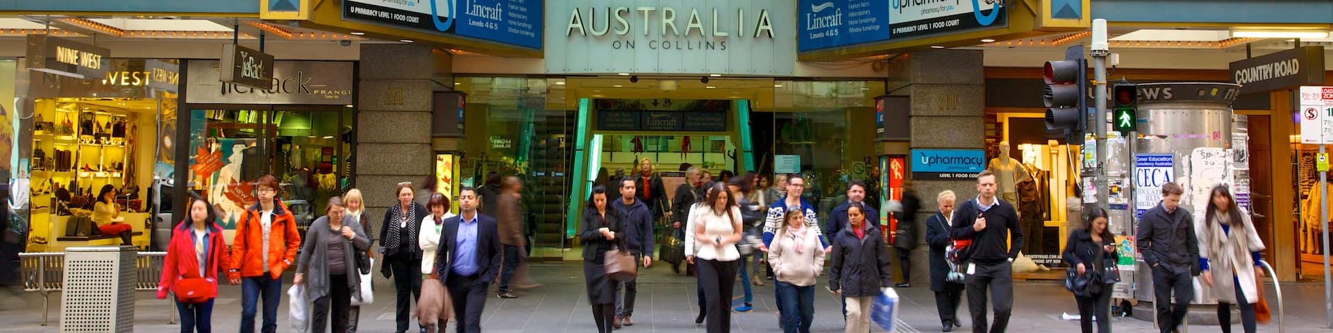Collins Street showing signage, street scenes and a city