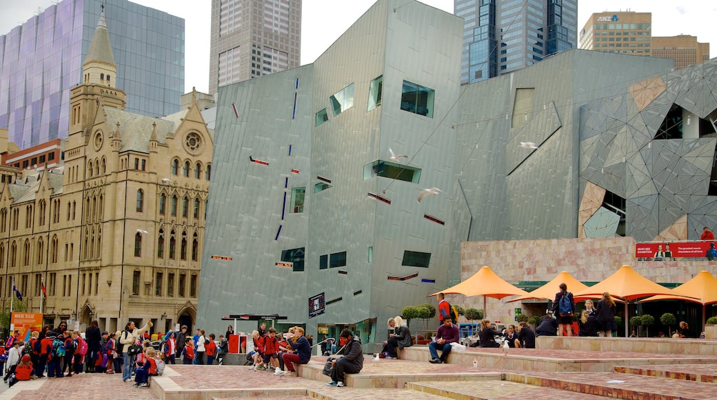 Federation Square which includes a square or plaza, modern architecture and a city