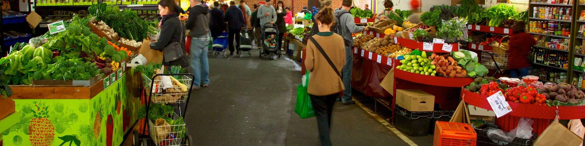 Queen Victoria Market featuring markets, food and interior views