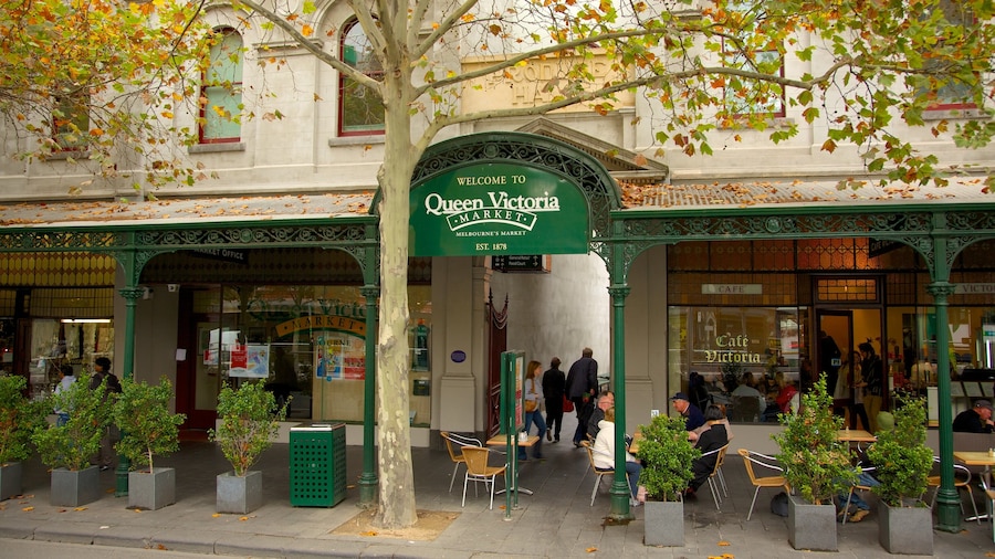 Queen Victoria Market montrant marchés, signalisation et sortie au restaurant