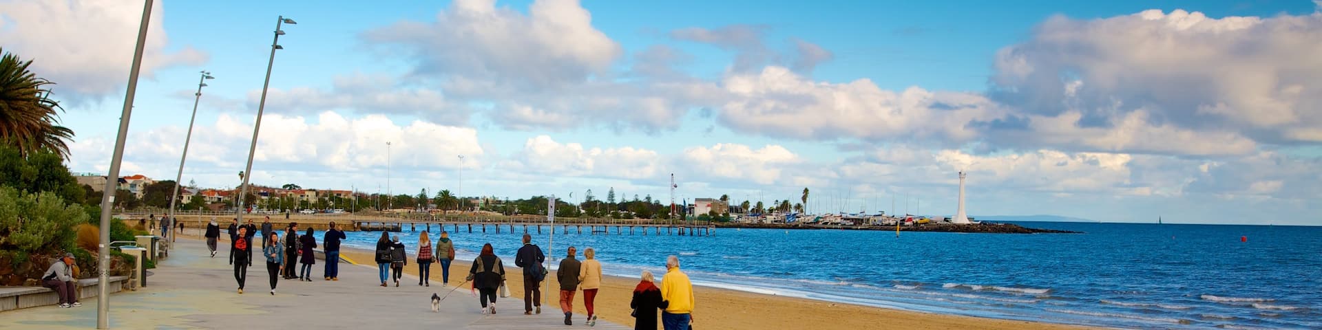 St. Kilda Beach which includes a sandy beach and tropical scenes