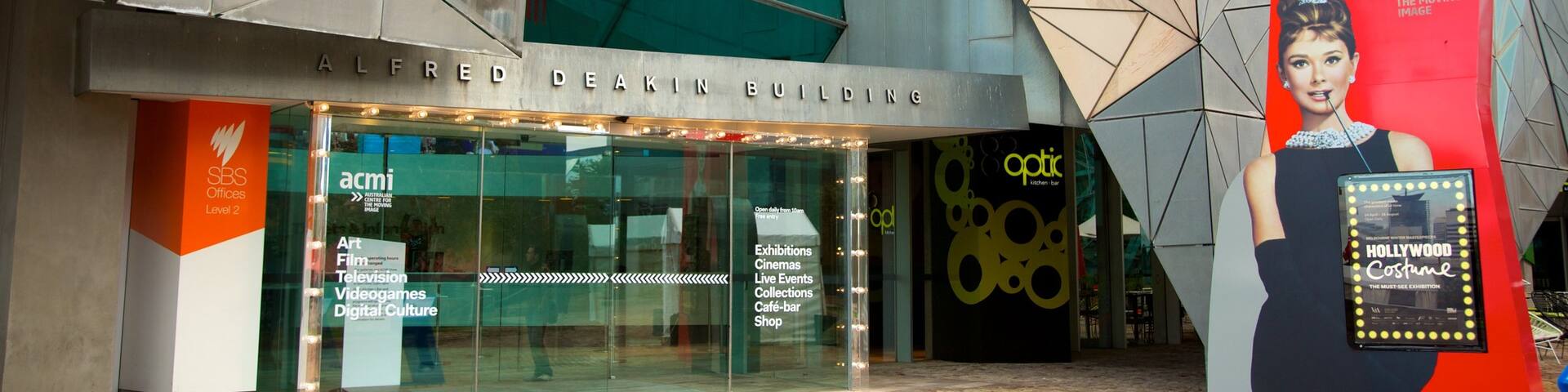 Australian Centre for the Moving Image showing modern architecture, a city and signage