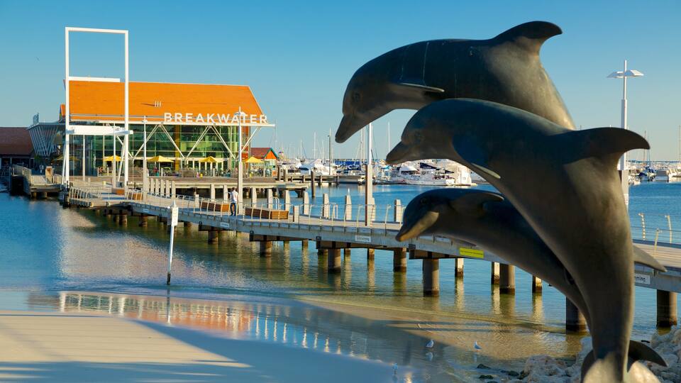 Hillarys Boat Harbour showing outdoor art, a bay or harbor and a coastal town