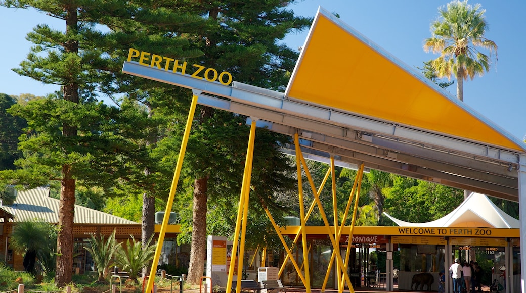 Perth Zoo showing zoo animals and signage