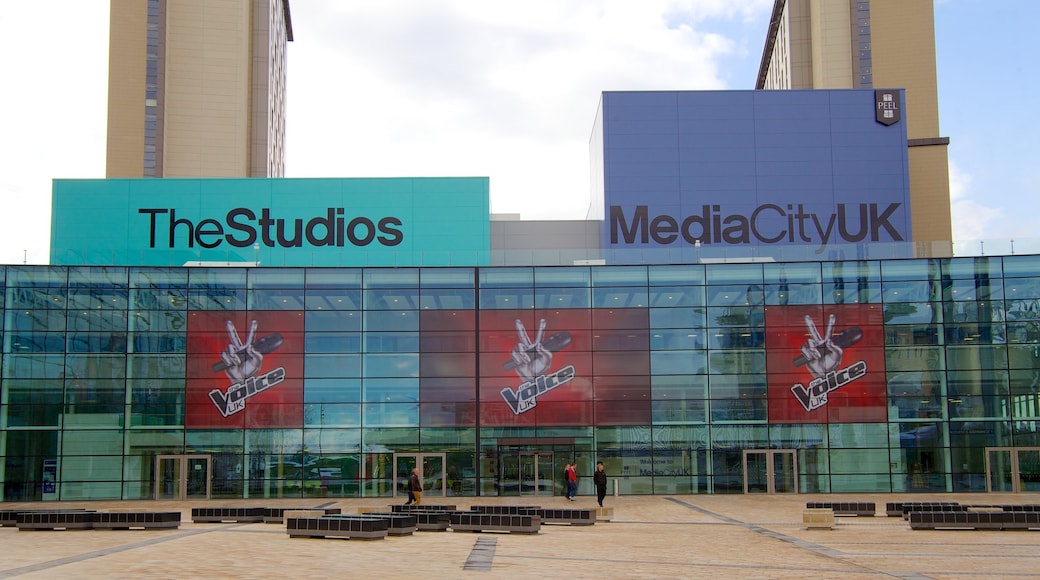 MediaCityUK featuring signage, modern architecture and a square or plaza