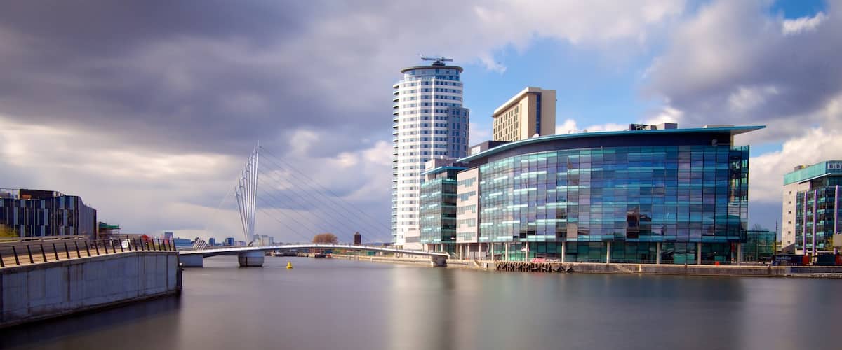 Salford Quays showing modern architecture, a bridge and cbd