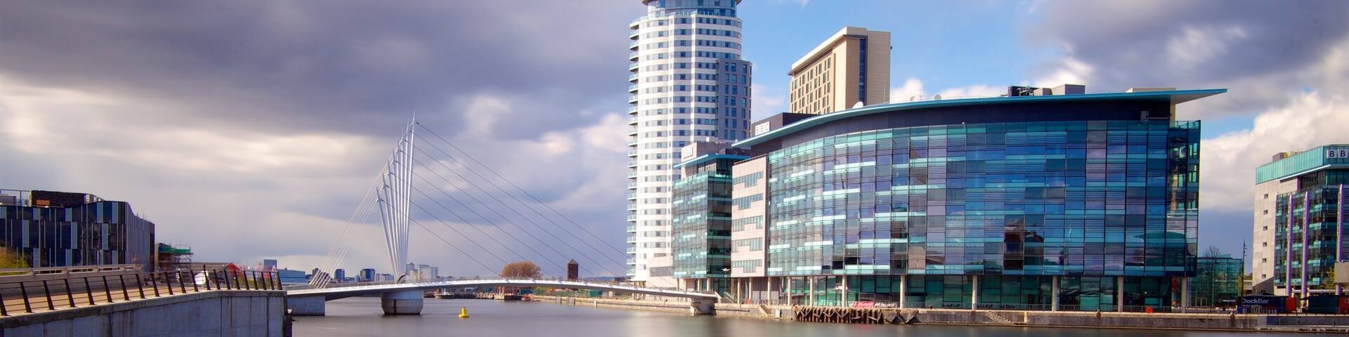 Salford Quays which includes a bridge, a city and modern architecture