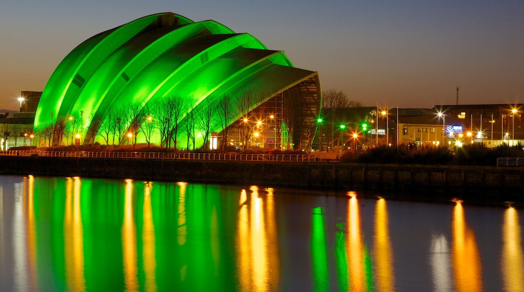 Greater Glasgow which includes night scenes, modern architecture and theater scenes