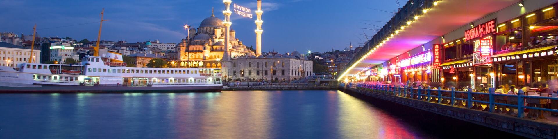 Turkey showing a city, night scenes and a river or creek