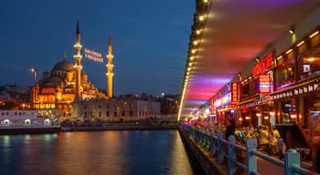 Galata Bridge which includes city views, a ferry and night scenes