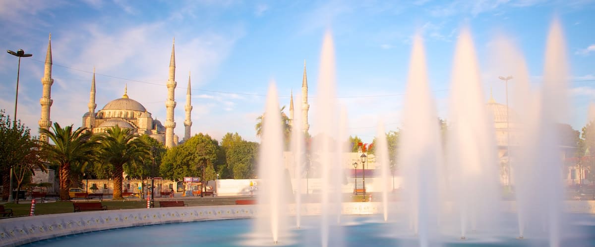 Blue Mosque featuring a mosque, a pond and a fountain