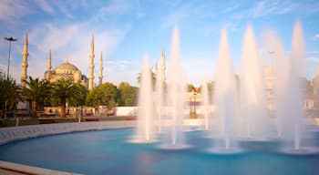 Blue Mosque which includes a fountain, a mosque and a pond