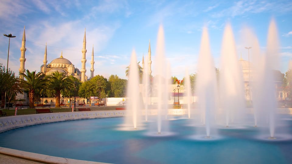 Blue Mosque which includes a pond, a fountain and a mosque