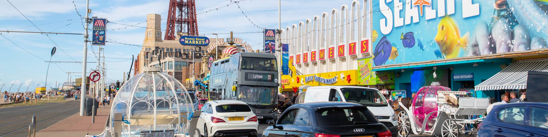 Blackpool Town Center featuring heritage elements and signage