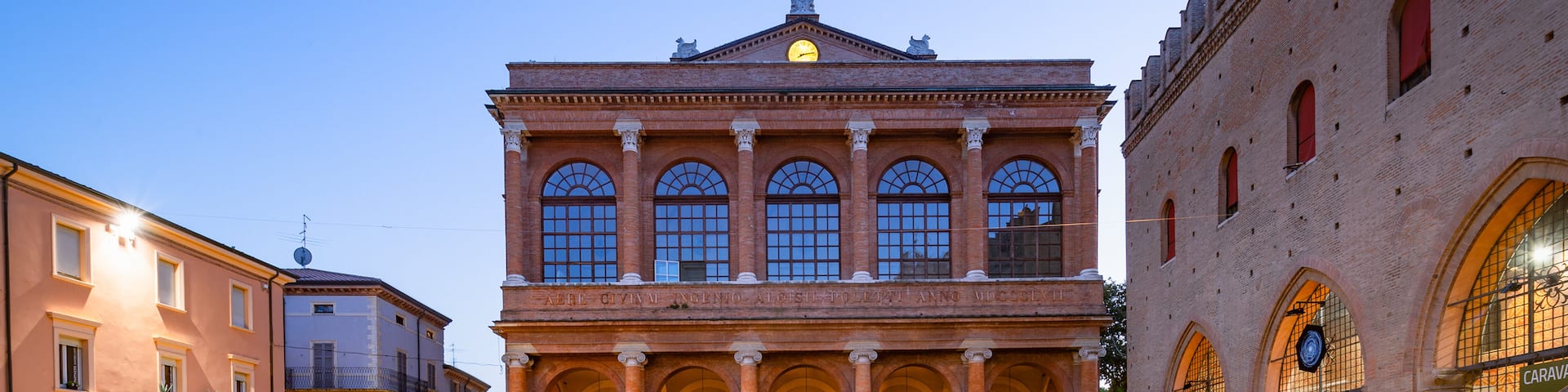 Teatro Amintore Galli showing heritage elements and night scenes