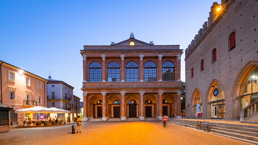 Teatro Amintore Galli showing heritage elements and night scenes