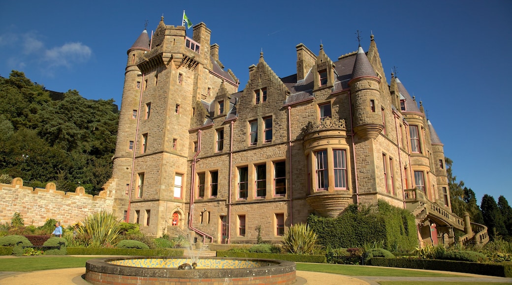Belfast Castle which includes heritage architecture, a castle and a fountain
